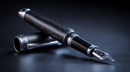 Elegant fountain pen with intricate detailing on a dark background, ideal for stationery.