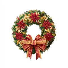 Festive Christmas wreath adorned with vibrant flowers and a decorative bow.