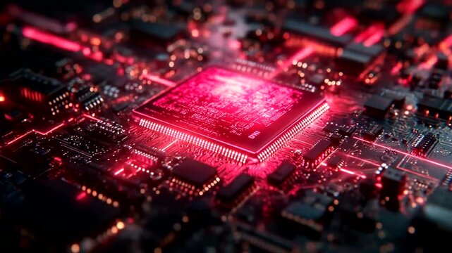 Glowing circuit board red electronic veins