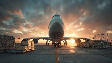 Majestic airplane parked at sunset, surrounded by cargo, showcasing aviation beauty.