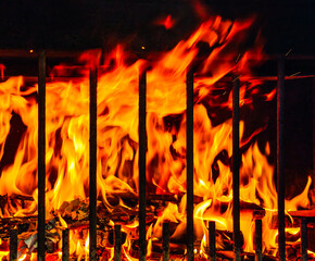 Intense Fire Flames Behind Metal Bars Building Disaster Dramatic Orange Blaze Night Inferno...