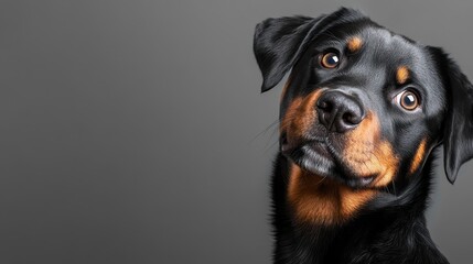 Fototapeta premium Adorable Rottweiler Puppy Portrait with Expressive Eyes and Charming Demeanor Against Gray Backdrop