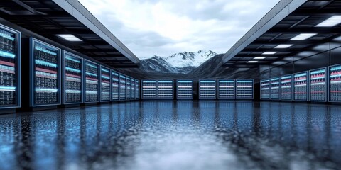 Vast Data Storage Center in Snowy Mountains, Featuring Server Racks and High-Tech Infrastructure