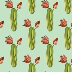 Seamless pattern with cacti, blooming succulent on color background. Vector hand drawn illustration for packaging, fabric, textile. Wild west cactus, western concept.