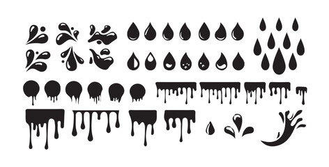 Set of black liquid drops and splatters isolated on white background. Water splash collection.