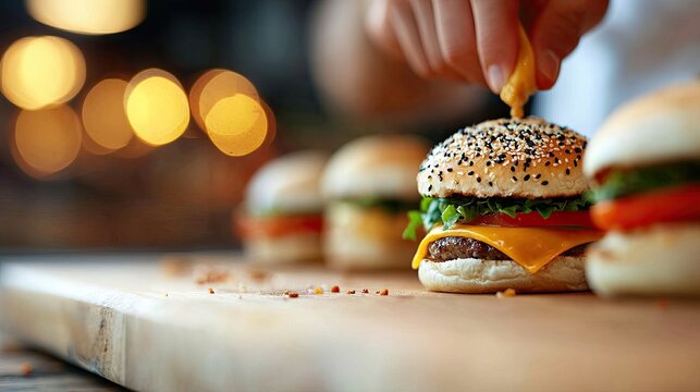 Close up of a chef expertly garnishing a gourmet mini burger with a slice of cheddar cheese and sesame seed bun on a wooden cutting board in a restaurant kitchen with bokeh lights in the background - Powered by Adobe