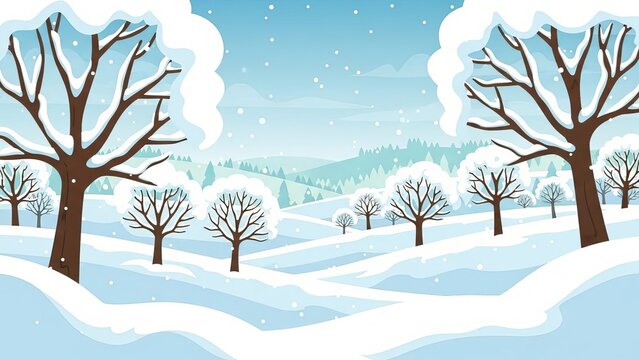A cartoon illustration of a snowy landscape with trees and hills in a winter scene with snowfall