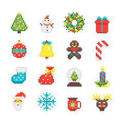 Fototapeta premium Cartoon Color Pixelated 8 Bit Christmas Elements Set of Tree, Gingerbread Man, Snowman and Snowflake. Vector illustration of Pixel Art