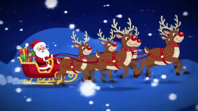 Santa on sleigh with reindeer flying in winter night sky, perfect for Christmas cards or decoration