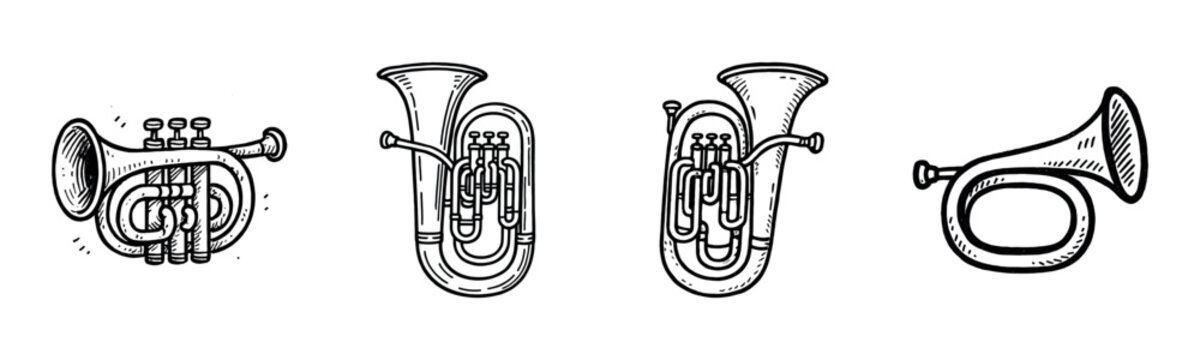 Illustration of various brass instruments: trumpet, euphonium, and bugle variants