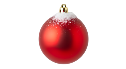 Festive Red Christmas Bauble Ornament with Snow and Golden Cap