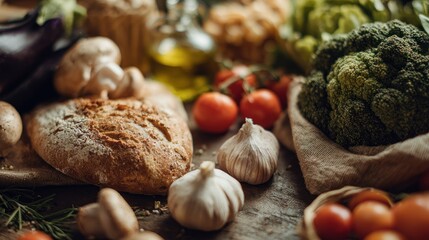 Rustic Still Life of Fresh Vegetables, Bread, and Olive Oil on Wooden Surface