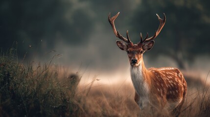 Majestic fallow deer standing in a field of tall grass at golden hour