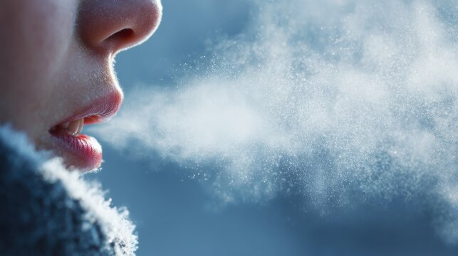 Closeup of breath visible in cold air by lips, frosty morning atmosphere