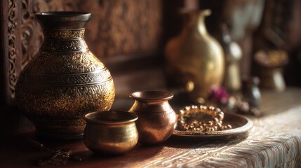 Still life of vintage brassware with intricate detailing and soft lighting