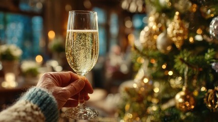 Hand holding a glass of champagne in front of decorated Christmas tree with glowing lights, festive cozy indoor holiday atmosphere
