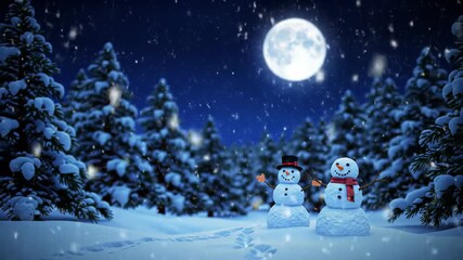 Snowmen in snowy forest, moonlit night with falling snow, for Christmas cards or winter designs - Powered by Adobe