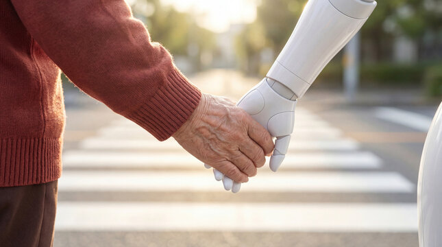 Robot hand holding senior woman hand for caregiving and AI assistance.
