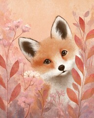 Obraz premium A cute fox peeks through soft, pink leaves and flowers in a charming, pastel-colored illustration.