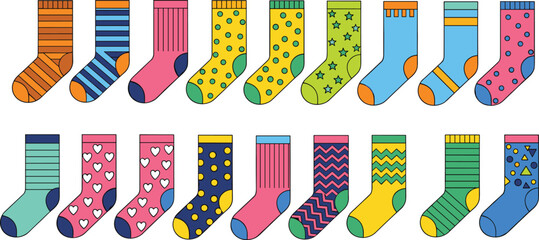 Mega Colorful Patterned Socks Vector Set Featuring Stripes, Polka Dots, Hearts, Stars, Zigzags, and Geometric Shapes for Fun Fashion Apparel Illustration.