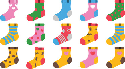 Mega Colorful Patterned Socks Vector Set Featuring Hearts, Stripes, Polka Dots, and Snowflake Designs for Winter Fashion, Apparel, and Comfort Illustration.
