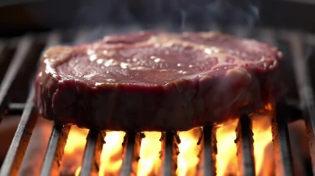 Steak on a hot grill, cooking outdoors with a fire underneath, for food photography, restaurant menus
