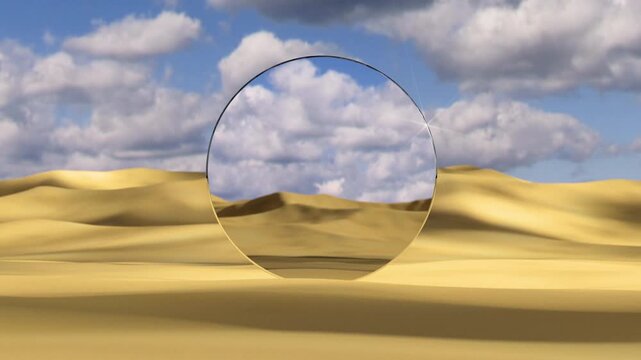 Round mirror reflecting dynamic clouds on Desert Dunes. Dolly zoom aka vertigo effect. 3D render animation