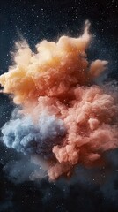 Abstract image of colorful smoke clouds exploding in space, with stars and dramatic lighting creating a dynamic and visually striking scene.