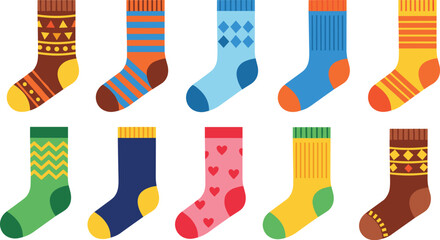 Colorful Patterned Socks Vector Set Featuring Stripes, Hearts, Argyle, and Geometric Designs in Bright and Warm Colors for Fashion Apparel.