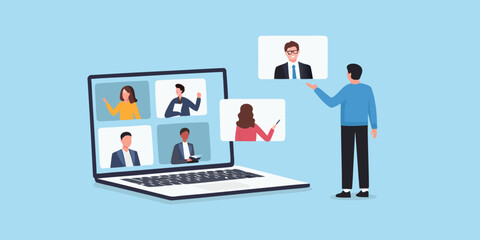 Virtual meeting illustration with laptop and man presenting to colleagues online