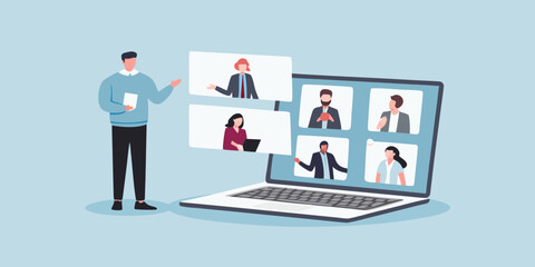 Online meeting presentation with diverse team members on laptop screen