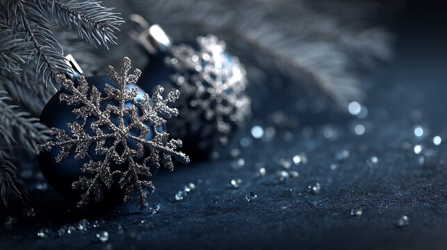 Silver snowflake ornaments on midnight blue matte surface with frosted pine branches and glass crystals - Powered by Adobe