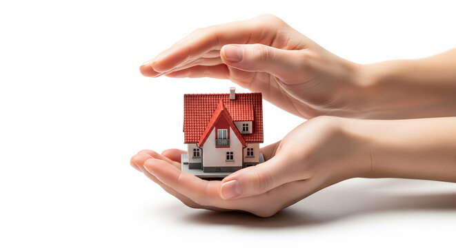 Manos de mujer protegiendo modelo de casa peque&ntilde;a - concepto de seguro de hogar e hipoteca