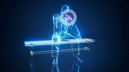 Conceptual 3D illustration of a karateka with shoulder pain