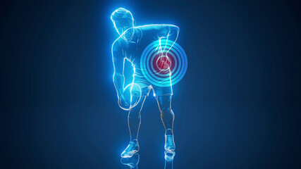 Conceptual 3D illustration of a rugby player with back pain