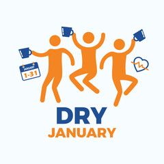 Dry January challenge poster vector illustration. Alcohol-Free for 31 Days sign. Dancing party people simple icon set. Stylized happy person symbol. Template for background, banner, card