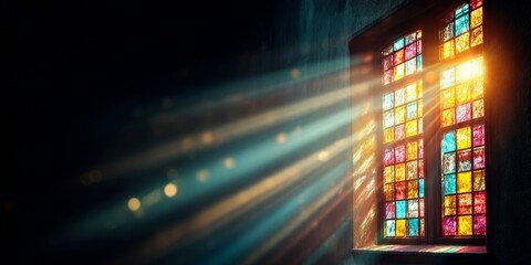 Sunlight Filters Through Stained Glass Church Window, Casting Vibrant Rays on Serene Floor