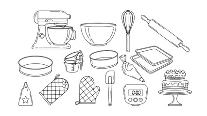 A collection of 15 detailed black outline illustrations of various baking tools and cake decorating items, presented on a plain white background in a scattered arrangement.