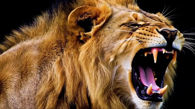 A close-up portrait of a roaring male lion, fur details, teeth bared against a black background