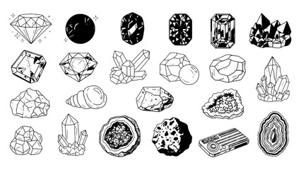 A Collection of 24 Black and White Mineral, Gemstone, Rock, and Icon Illustrations in Flat Line Art and Solid Fill Styles