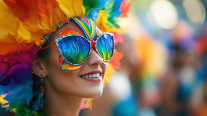 Participant in vibrant and flamboyant carnival costume walking proudly through the streets of Greenwich Village during the annual Pride Parade, celebrating LGBTQ+ identity and diversity. Copy space