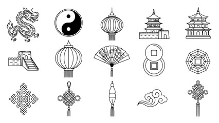 A collection of 15 traditional Chinese cultural icons and symbols, presented as simple black outline illustrations on a white background. Features dragons, lanterns, pagodas, knots, and more.