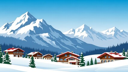 A scenic view of snowy mountains with chalets and pine trees under a clear blue sky in winter season