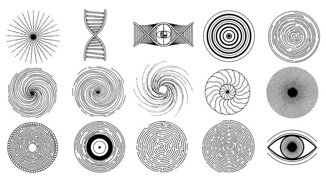 Collection of 15 Diverse Abstract Geometric and Organic Line Art Icons. Features Spirals, DNA, Mandalas, and Optical Illusions in a Minimalist Black and White Style, Arranged in a Grid.