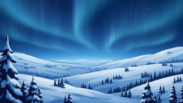A winter landscape with snow covered hills and trees under a bright aurora borealis in the night sky