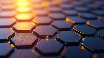 Elegant Hexagonal Grid Abstract Background with Glowing Orange Light Streaks and Particles
