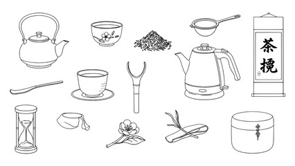 Japanese Tea Ceremony Essentials: Detailed Black Outline Line Art Collection of 14 Traditional and Modern Tea Tools on White Background