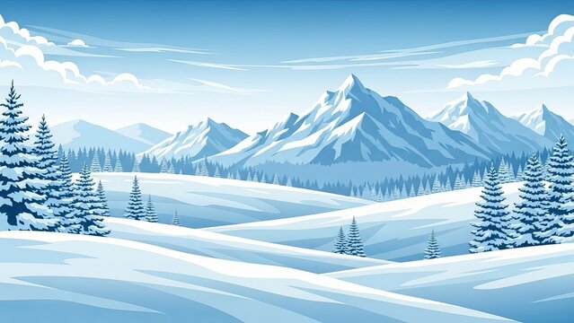 Snowy mountains and pine trees landscape with blue sky and clouds in a winter wonderland scene art - Powered by Adobe
