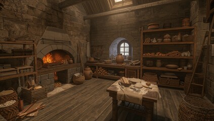 3d medieval rural bakery with stone bread oven, wooden shelves, loaves, dough and flour-dusted tables, lit by warm firelight. rustic historical interior, no people.
