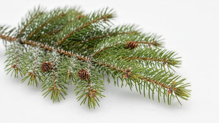 Evergreen branch with snow dust on minimal white backdrop